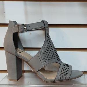 Grey Open Toe Stacked Heels